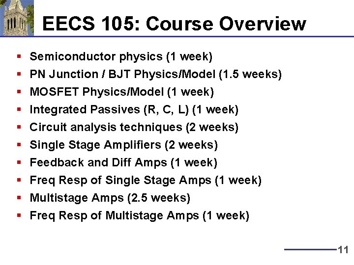 EECS 105: Course Overview § § § § § Semiconductor physics (1 week) PN