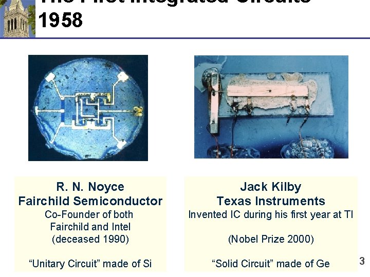 The First Integrated Circuits 1958 R. N. Noyce Fairchild Semiconductor Jack Kilby Texas Instruments