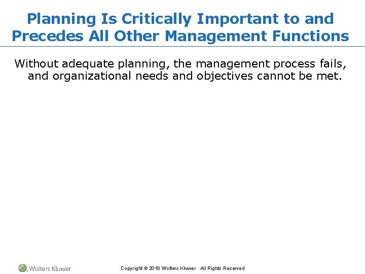 Planning Is Critically Important to and Precedes All Other Management Functions Without adequate planning,