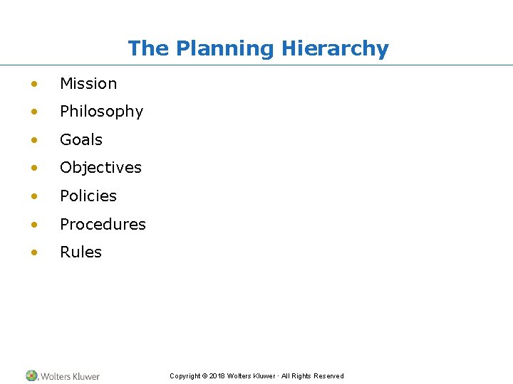 The Planning Hierarchy • Mission • Philosophy • Goals • Objectives • Policies •