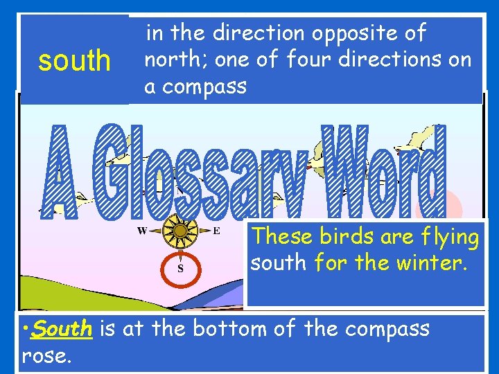 south in the direction opposite of north; one of four directions on a compass