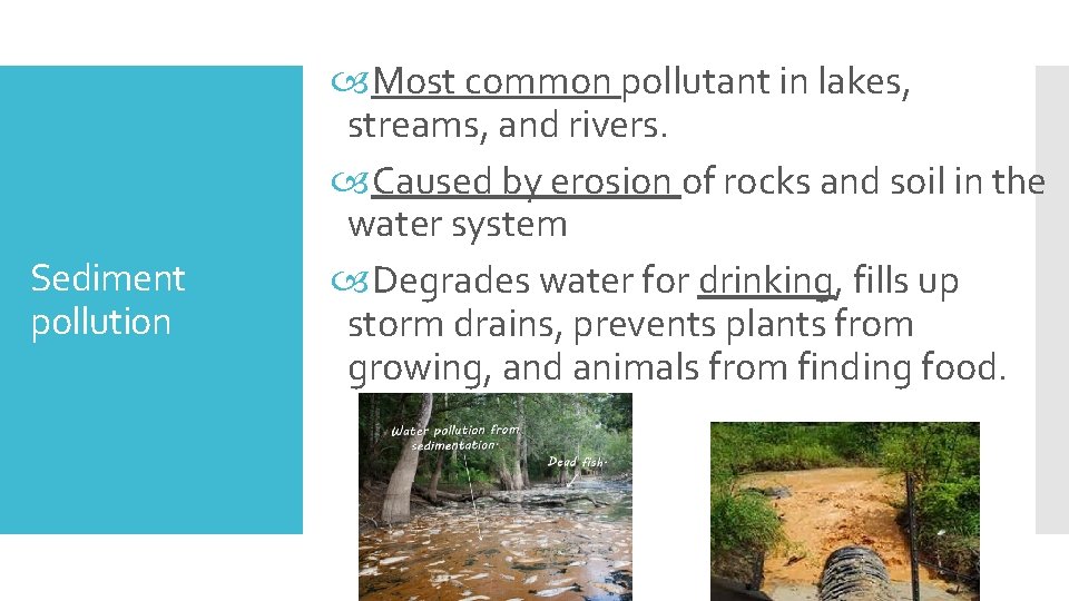 Sediment pollution Most common pollutant in lakes, streams, and rivers. Caused by erosion of