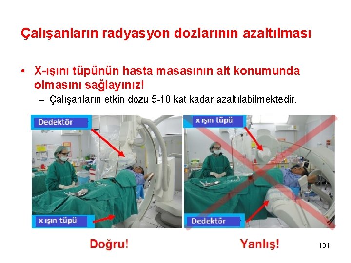 Çalışanların radyasyon dozlarının azaltılması • X-ışını tüpünün hasta masasının alt konumunda olmasını sağlayınız! –