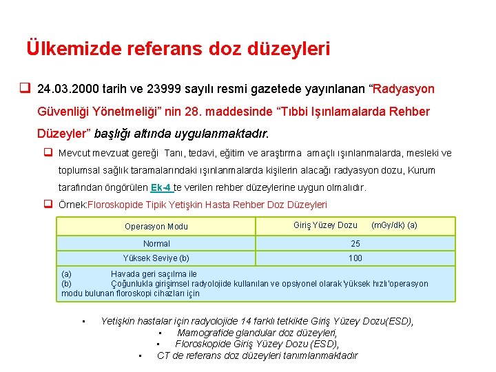 Ülkemizde referans doz düzeyleri q 24. 03. 2000 tarih ve 23999 sayılı resmi gazetede