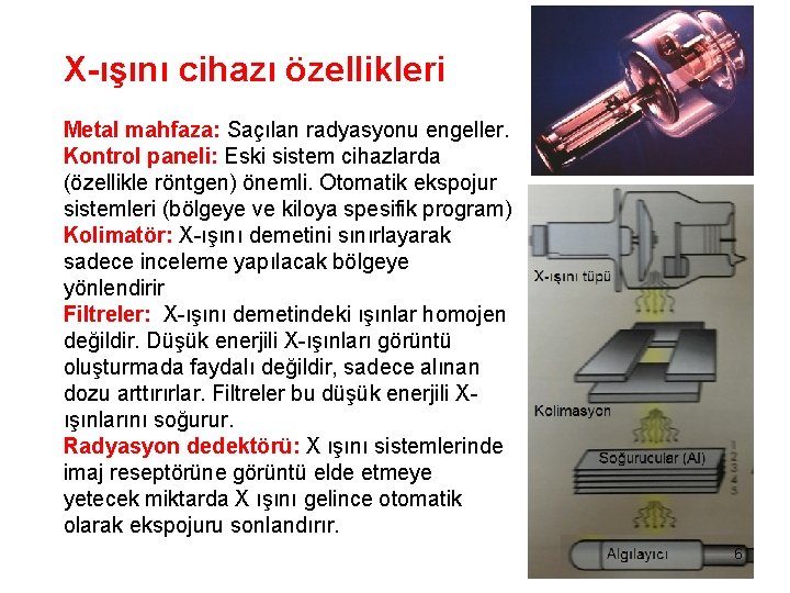X-ışını cihazı özellikleri Metal mahfaza: Saçılan radyasyonu engeller. Kontrol paneli: Eski sistem cihazlarda (özellikle