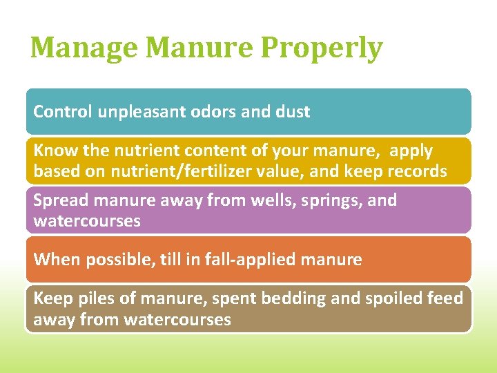 Manage Manure Properly Control unpleasant odors and dust Know the nutrient content of your