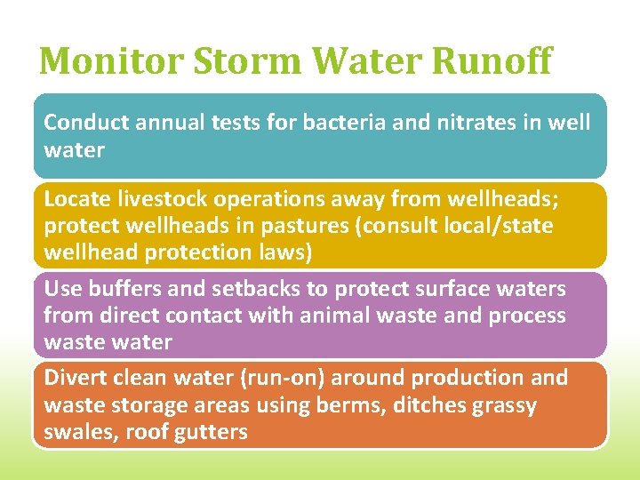 Monitor Storm Water Runoff Conduct annual tests for bacteria and nitrates in well water