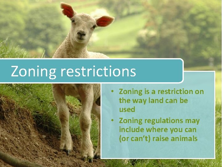 Zoning restrictions • Zoning is a restriction on the way land can be used