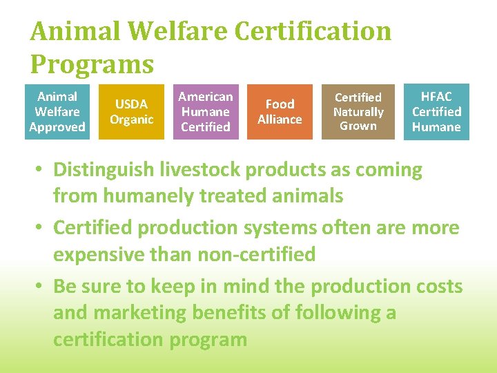 Animal Welfare Certification Programs Animal Welfare Approved USDA Organic American Humane Certified Food Alliance