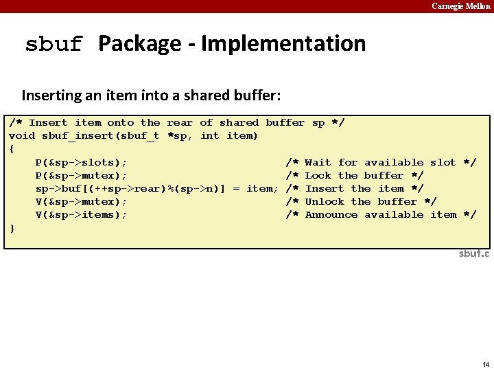 Carnegie Mellon sbuf Package - Implementation Inserting an item into a shared buffer: /*