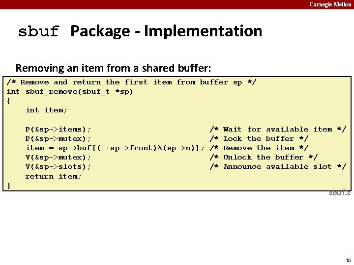Carnegie Mellon sbuf Package - Implementation Removing an item from a shared buffer: /*