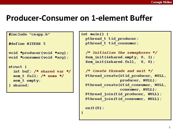 Carnegie Mellon Producer-Consumer on 1 -element Buffer #include “csapp. h” #define NITERS 5 int