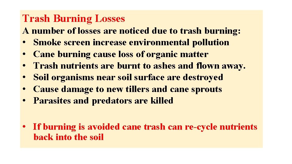 Trash Burning Losses A number of losses are noticed due to trash burning: •