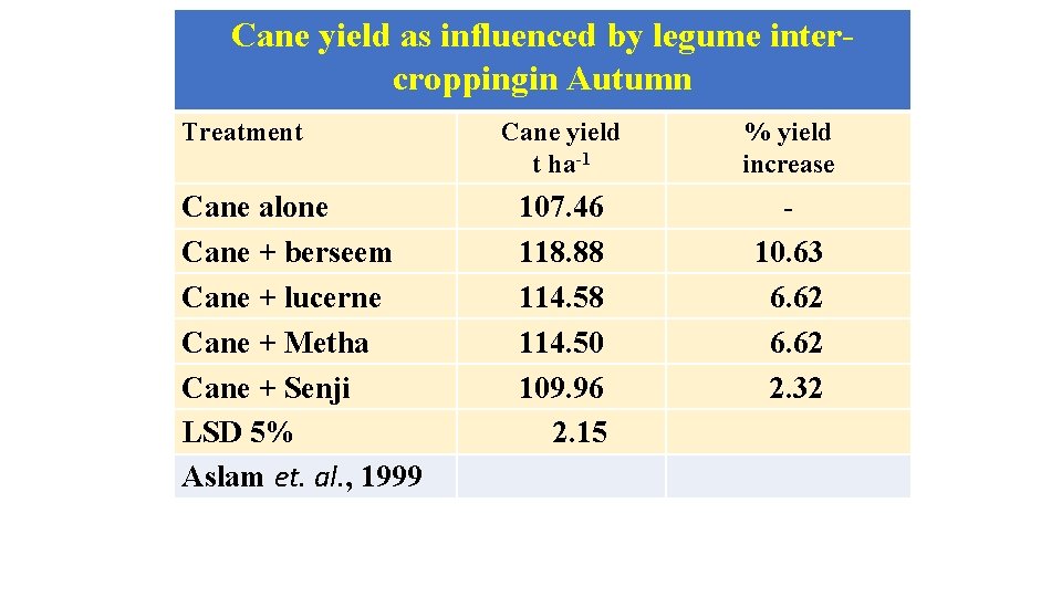 Cane yield as influenced by legume intercroppingin Autumn Treatment Cane alone Cane + berseem