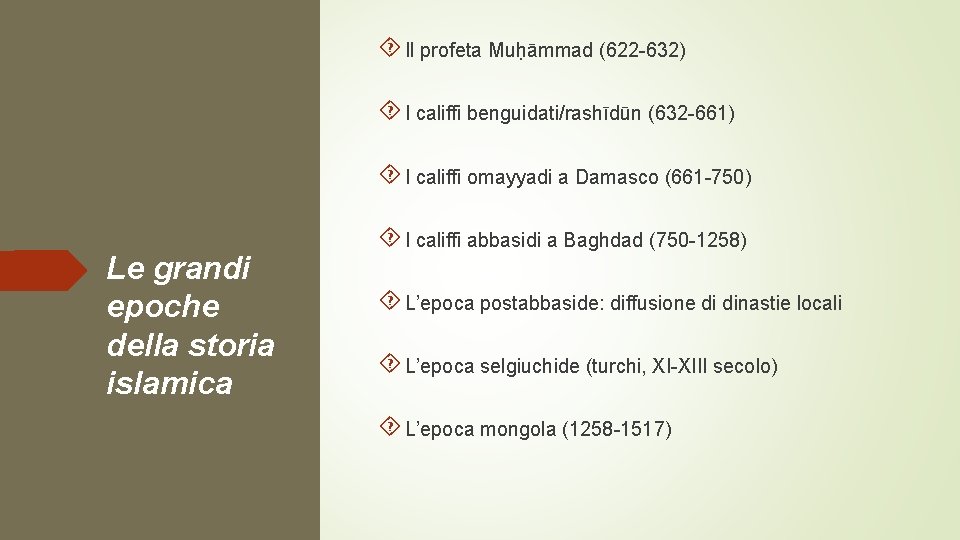  Il profeta Muḥāmmad (622 -632) I califfi benguidati/rashīdūn (632 -661) I califfi omayyadi