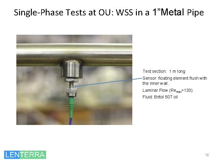 Single-Phase Tests at OU: WSS in a 1”Metal Pipe Test section: 1 m long