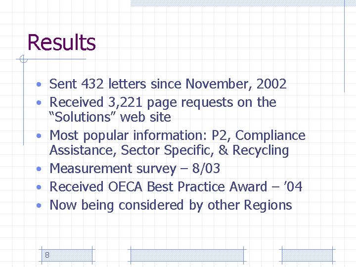 Results • Sent 432 letters since November, 2002 • Received 3, 221 page requests