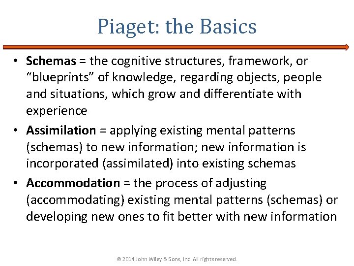 Piaget: the Basics • Schemas = the cognitive structures, framework, or “blueprints” of knowledge,