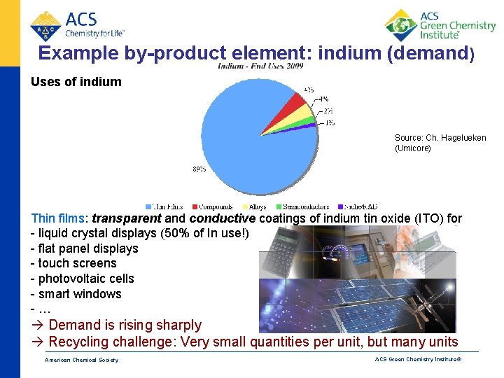 Example by-product element: indium (demand) Uses of indium Source: Ch. Hagelueken (Umicore) Thin films: