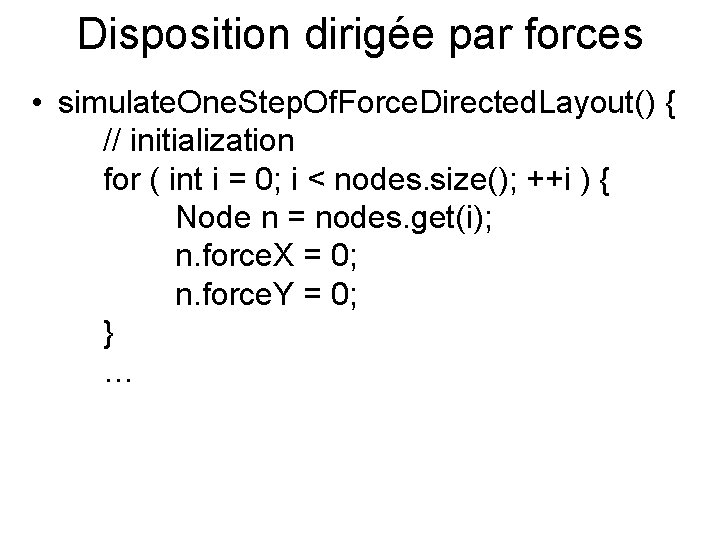 Disposition dirigée par forces • simulate. One. Step. Of. Force. Directed. Layout() { //