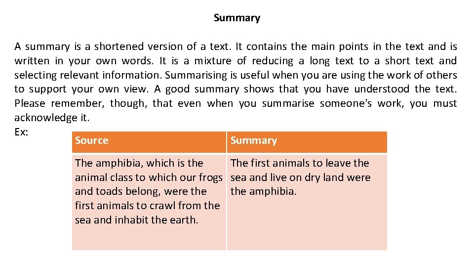 Summary A summary is a shortened version of a text. It contains the main