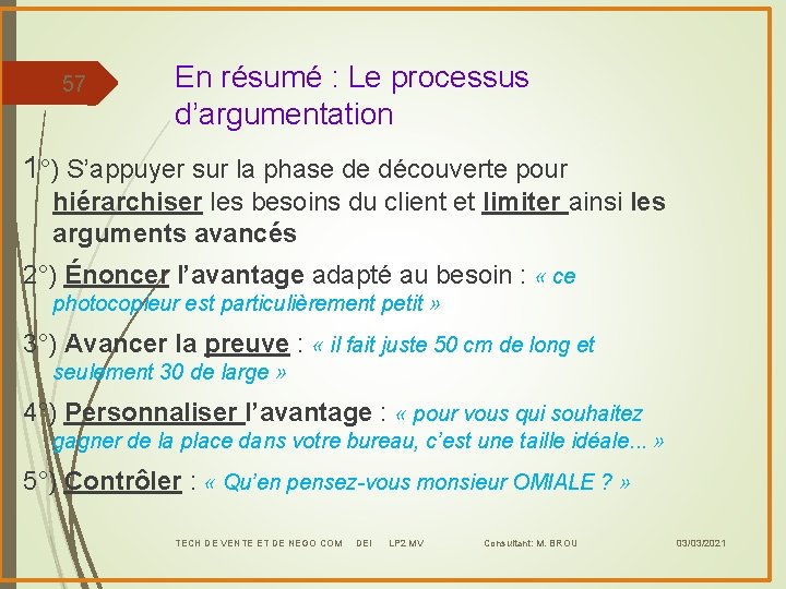 57 En résumé : Le processus d’argumentation 1°) S’appuyer sur la phase de découverte