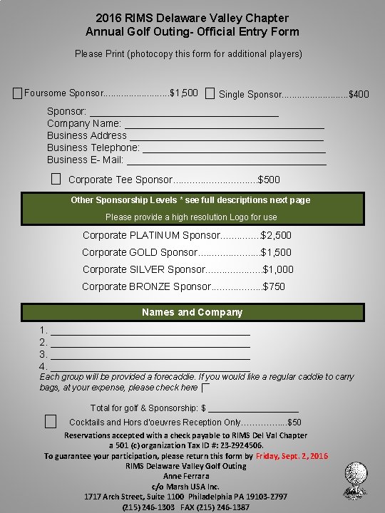 2016 RIMS Delaware Valley Chapter Annual Golf Outing- Official Entry Form Please Print (photocopy 2016 RIMS Delaware Valley Chapter Annual Golf Outing- Official Entry Form Please Print (photocopy