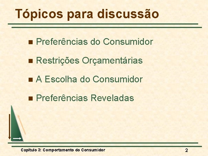 Tópicos para discussão n Preferências do Consumidor n Restrições Orçamentárias n A Escolha do