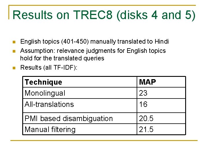 Results on TREC 8 (disks 4 and 5) n n n English topics (401