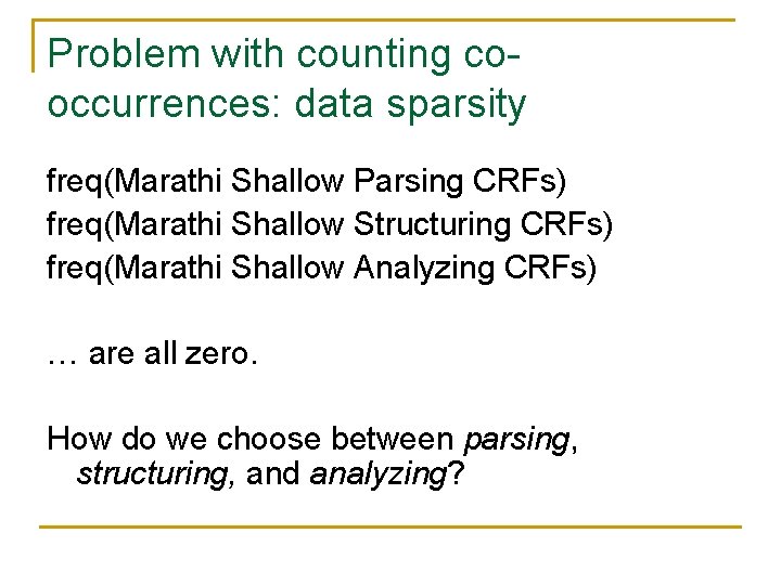 Problem with counting cooccurrences: data sparsity freq(Marathi Shallow Parsing CRFs) freq(Marathi Shallow Structuring CRFs)