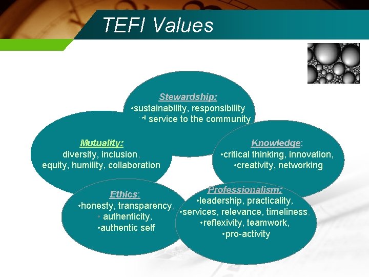 TEFI Values Stewardship: • sustainability, responsibility • and service to the community Mutuality: diversity,