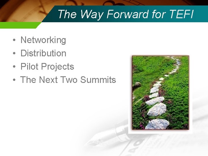 The Way Forward for TEFI • • Networking Distribution Pilot Projects The Next Two