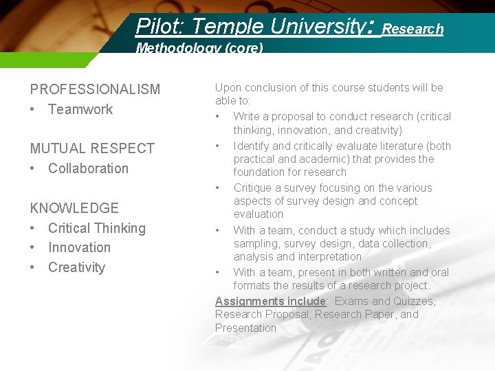 Pilot: Temple University: Research Methodology (core) PROFESSIONALISM • Teamwork MUTUAL RESPECT • Collaboration KNOWLEDGE