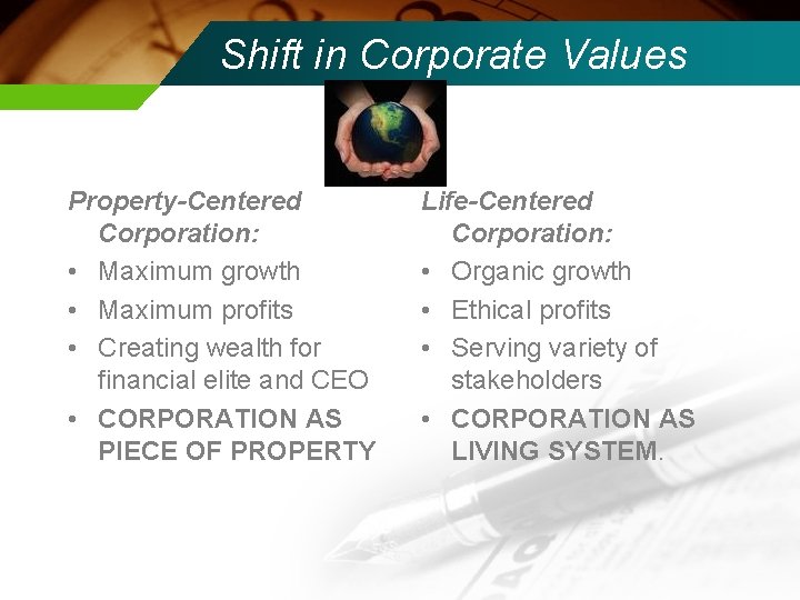 Shift in Corporate Values Property-Centered Corporation: • Maximum growth • Maximum profits • Creating