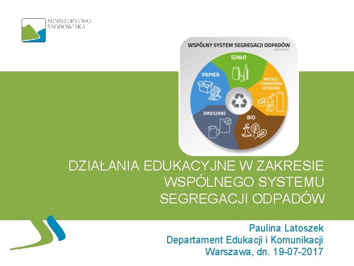 DZIAŁANIA EDUKACYJNE W ZAKRESIE WSPÓLNEGO SYSTEMU SEGREGACJI ODPADÓW Paulina Latoszek Departament Edukacji i Komunikacji