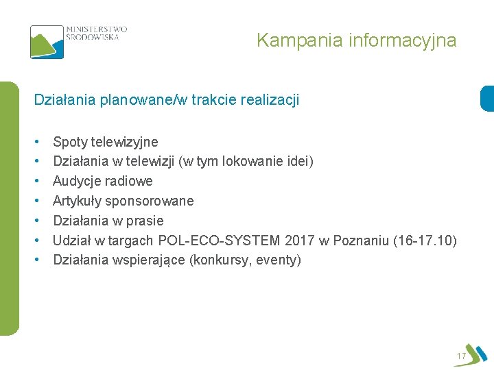 Kampania informacyjna Działania planowane/w trakcie realizacji • • Spoty telewizyjne Działania w telewizji (w