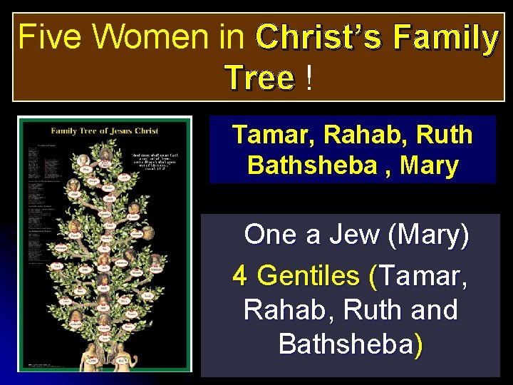 Five Women in Christ’s Family Tree ! Tree Tamar, Rahab, Ruth Bathsheba , Mary