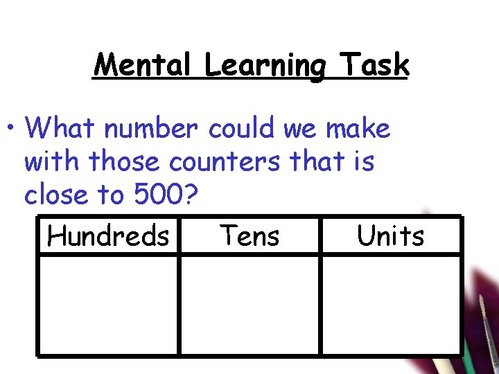 Mental Learning Task • What number could we make with those counters that is