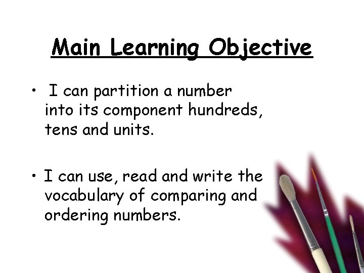 Main Learning Objective • I can partition a number into its component hundreds, tens