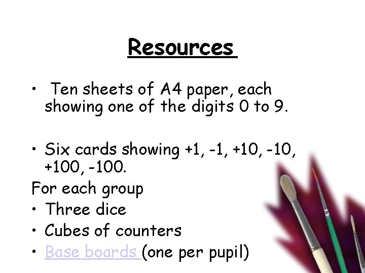 Resources • Ten sheets of A 4 paper, each showing one of the digits