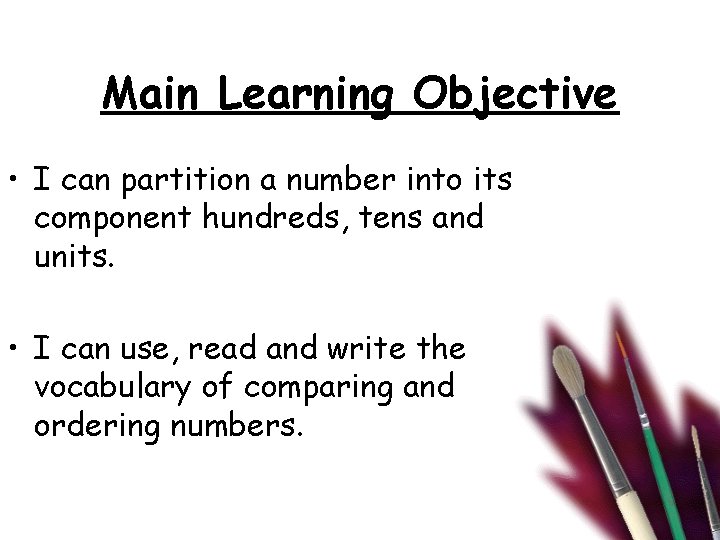 Main Learning Objective • I can partition a number into its component hundreds, tens