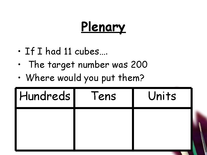 Plenary • If I had 11 cubes…. • The target number was 200 •