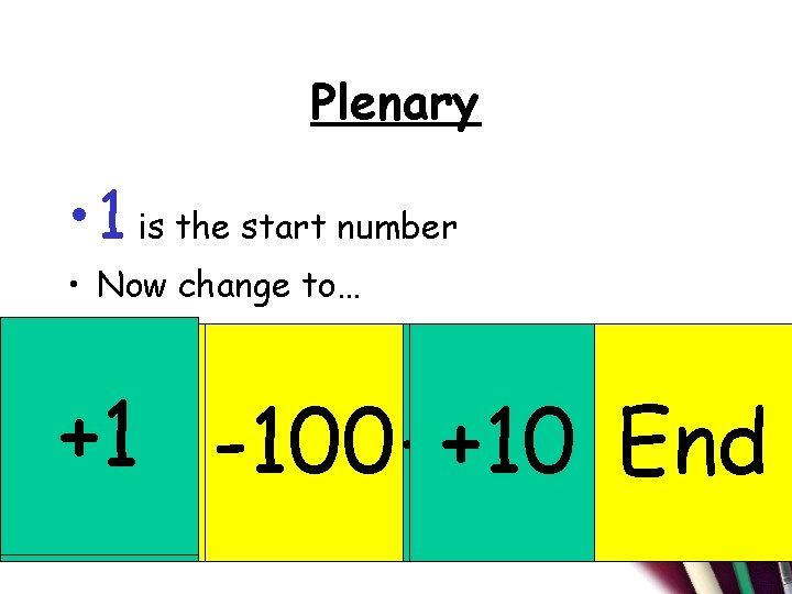 Plenary • 1 is the start number • Now change to… +1 -100 +10