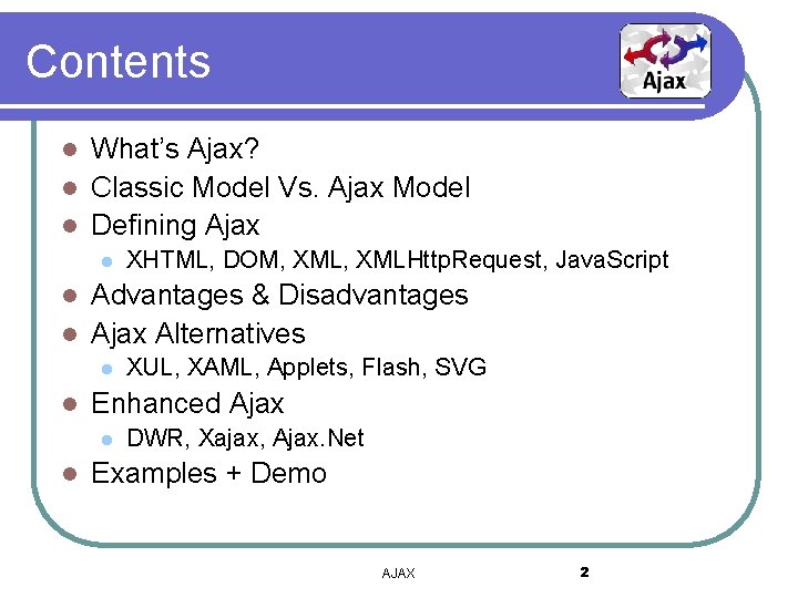 Contents What’s Ajax? l Classic Model Vs. Ajax Model l Defining Ajax l l