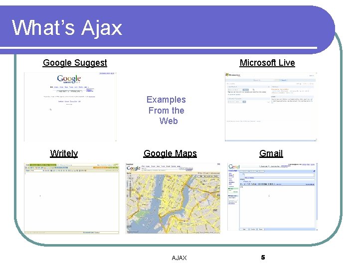 What’s Ajax Google Suggest Microsoft Live Examples From the Web Writely Google Maps AJAX