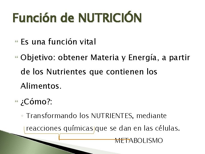 Función de NUTRICIÓN Es una función vital Objetivo: obtener Materia y Energía, a partir