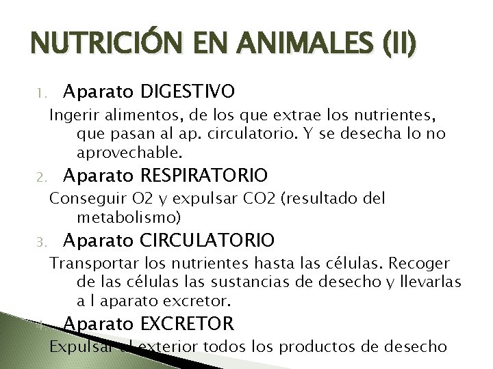 NUTRICIÓN EN ANIMALES (II) 1. 2. 3. 4. Aparato DIGESTIVO Ingerir alimentos, de los