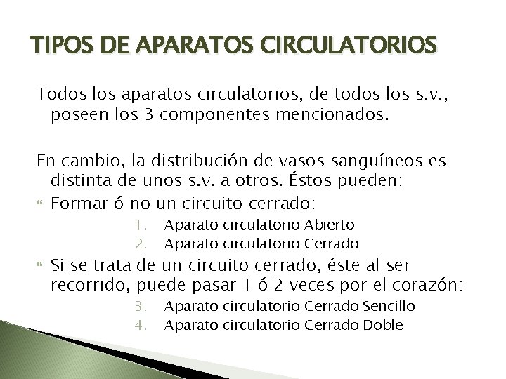 TIPOS DE APARATOS CIRCULATORIOS Todos los aparatos circulatorios, de todos los s. v. ,