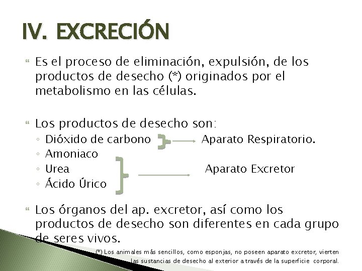 IV. EXCRECIÓN Es el proceso de eliminación, expulsión, de los productos de desecho (*)