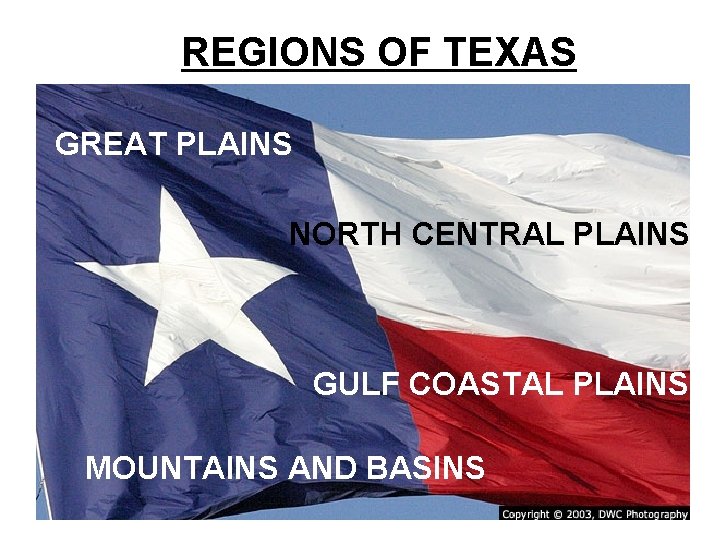 REGIONS OF TEXAS GREAT PLAINS NORTH CENTRAL PLAINS GULF COASTAL PLAINS MOUNTAINS AND BASINS